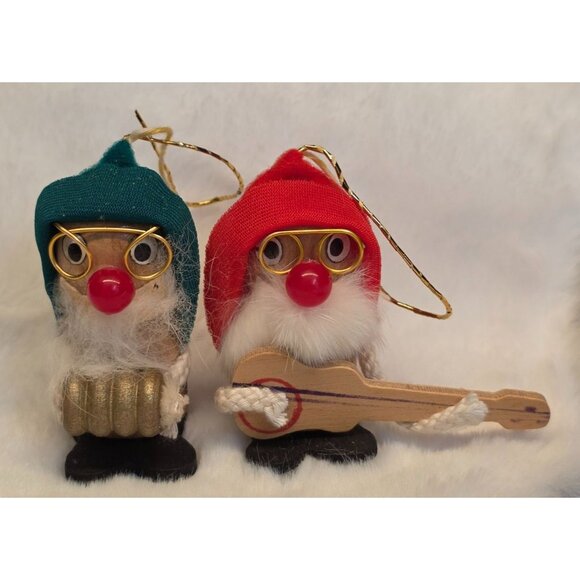 Vintage Kurt Adler Wooden Christmas Musician Gnome Ornaments W/ Gold Glasses - Picture 1 of 5